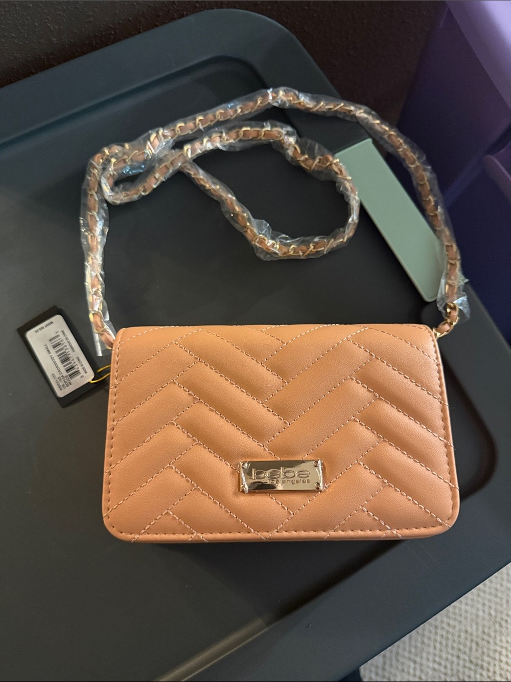 bebe Peach Quilted Chevron Crossbody with Gold Chain